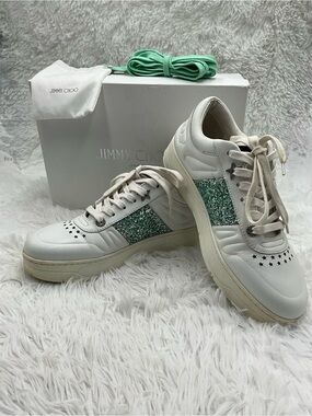 Jimmy Choo Hawaii Sneakers Size EU 39.5 White Leather Teal Glitter COA Included